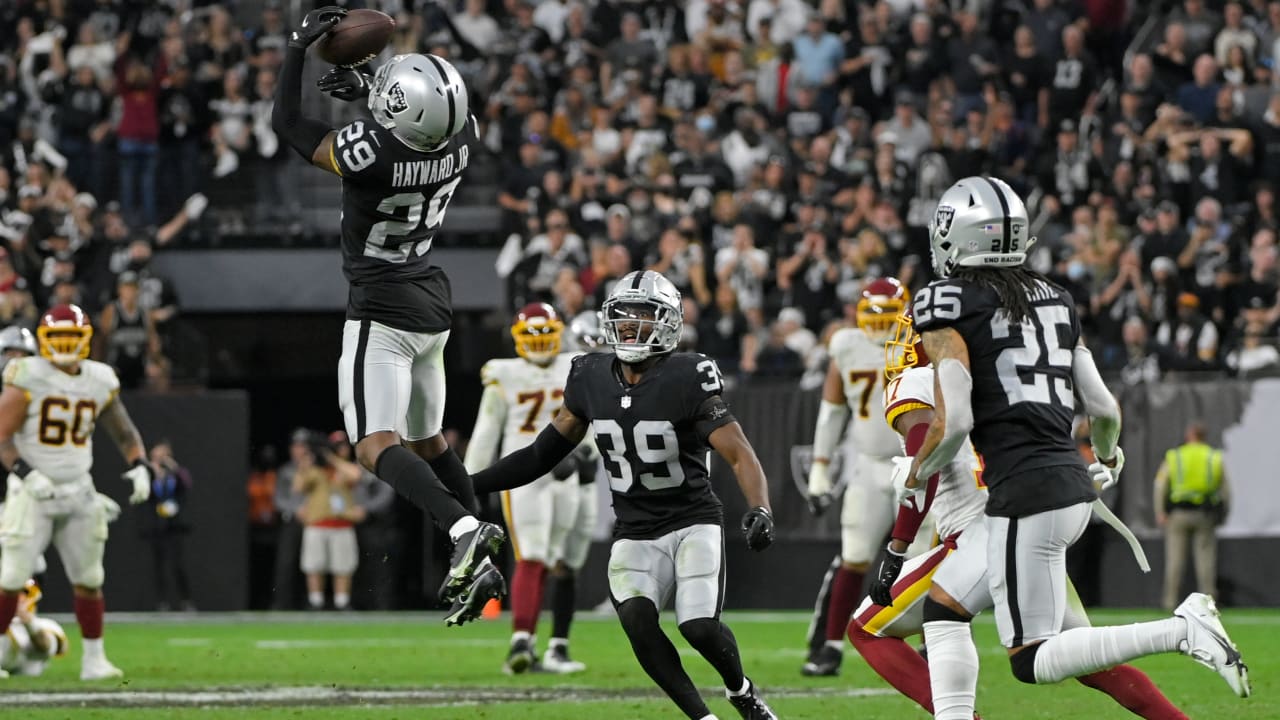 Las Vegas Raiders cornerback Nate Hobbs secures tipped