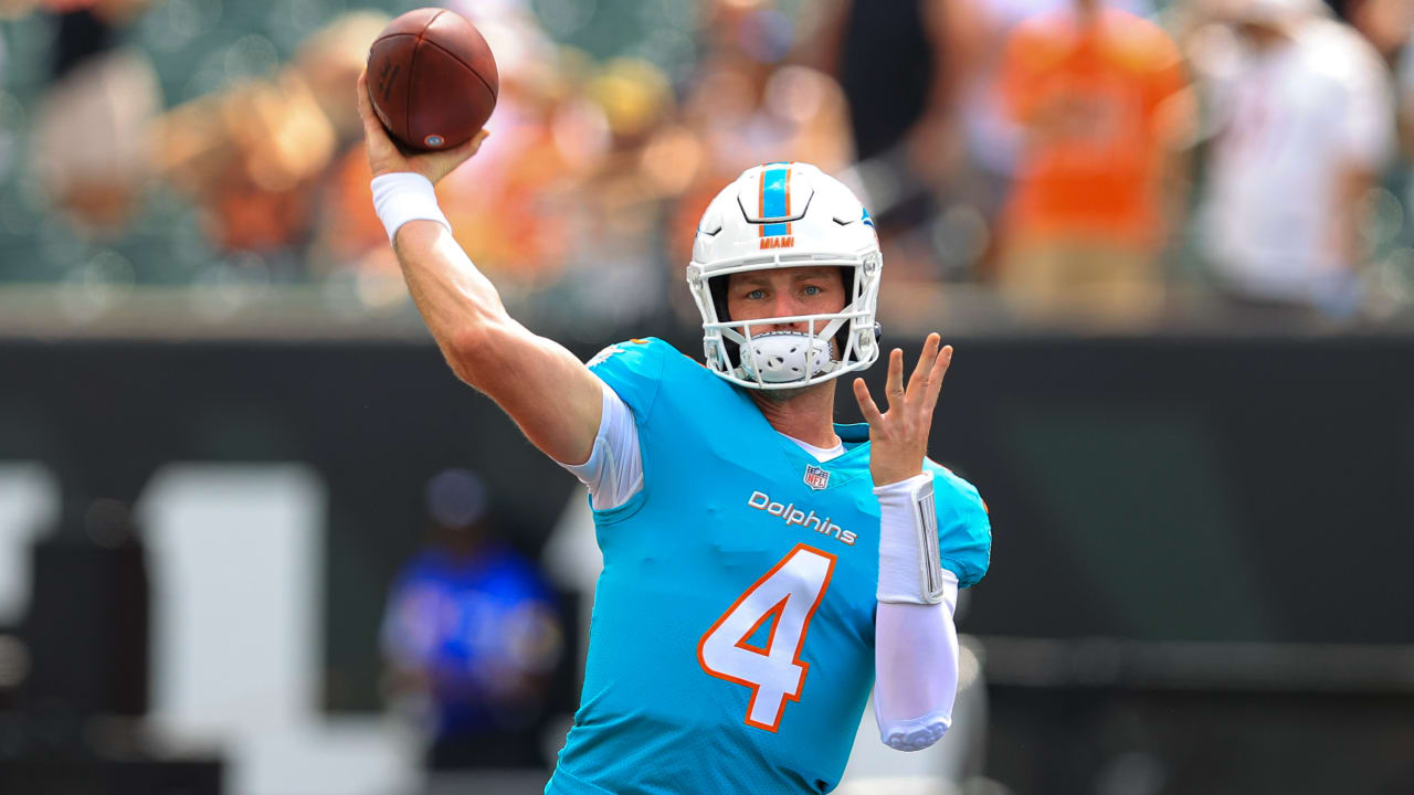 Miami Dolphins quarterback Reid Sinnett (4) watches a video replay on the  board during an NFL football game against the Cincinnati Bengals, Sunday,  Aug. 29, 2021, in Cincinnati. (AP Photo/Zach Bolinger Stock