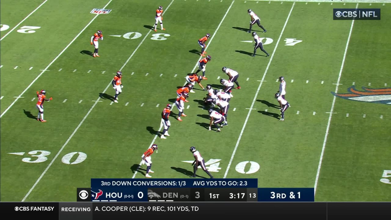 Houston Texans quarterback Jeff Driskel rockets to the edge to convert on  third-and-1
