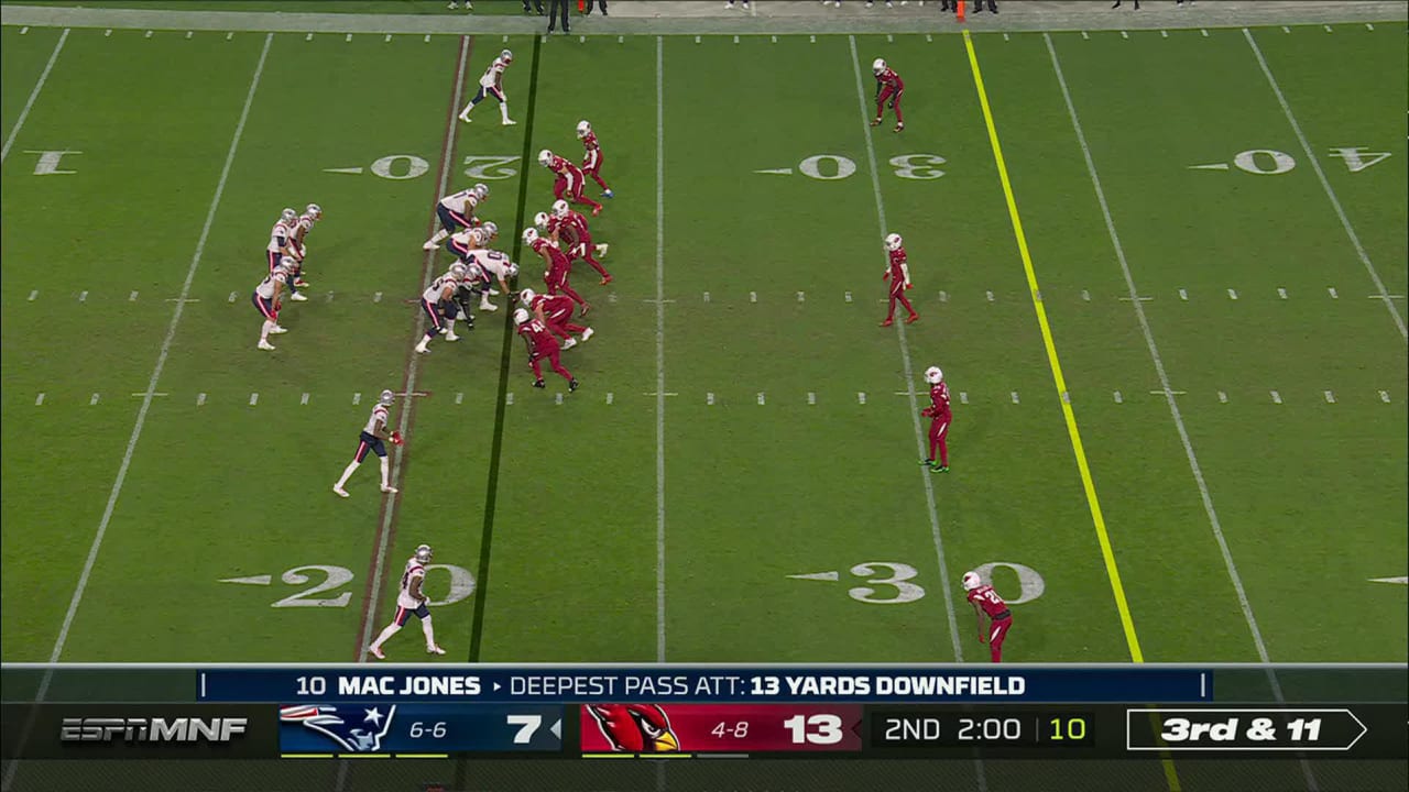 Arizona Cardinals defensive end Zach Allen engulfs New England Patriots  quarterback Mac Jones with some force for 10-yard sack