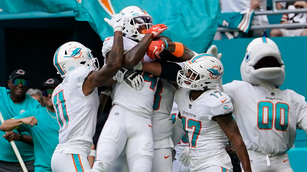 Miami Dolphins wide receiver Trent Sherfield (14) runs a play during an NFL  football game against the Philadelphia Eagles, Saturday, Aug. 27, 2022, in  Miami Gardens, Fla. (AP Photo/Doug Murray Stock Photo - Alamy