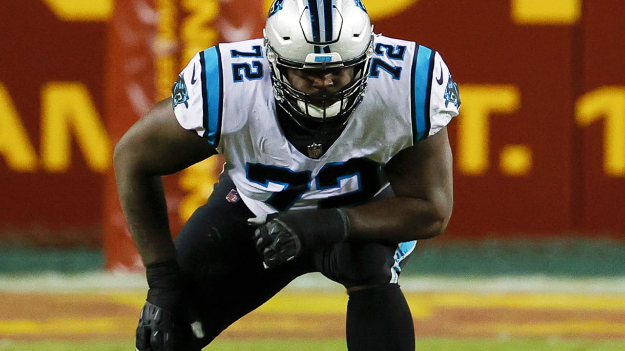 Carolina Panthers offensive tackle Taylor Moton (72) runs off the