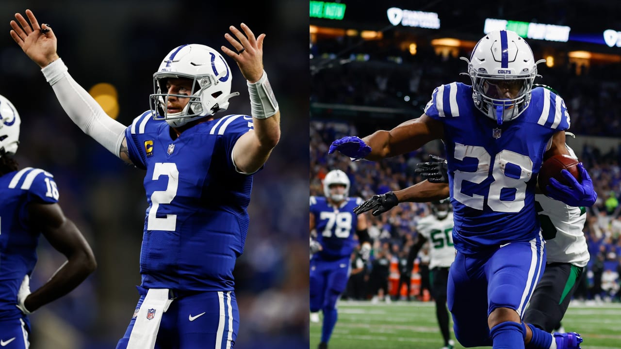 November 04, 2021: Indianapolis Colts running back Jonathan Taylor (28)  runs with the ball during NFL football game action between the New York  Jets and the Indianapolis Colts at Lucas Oil Stadium