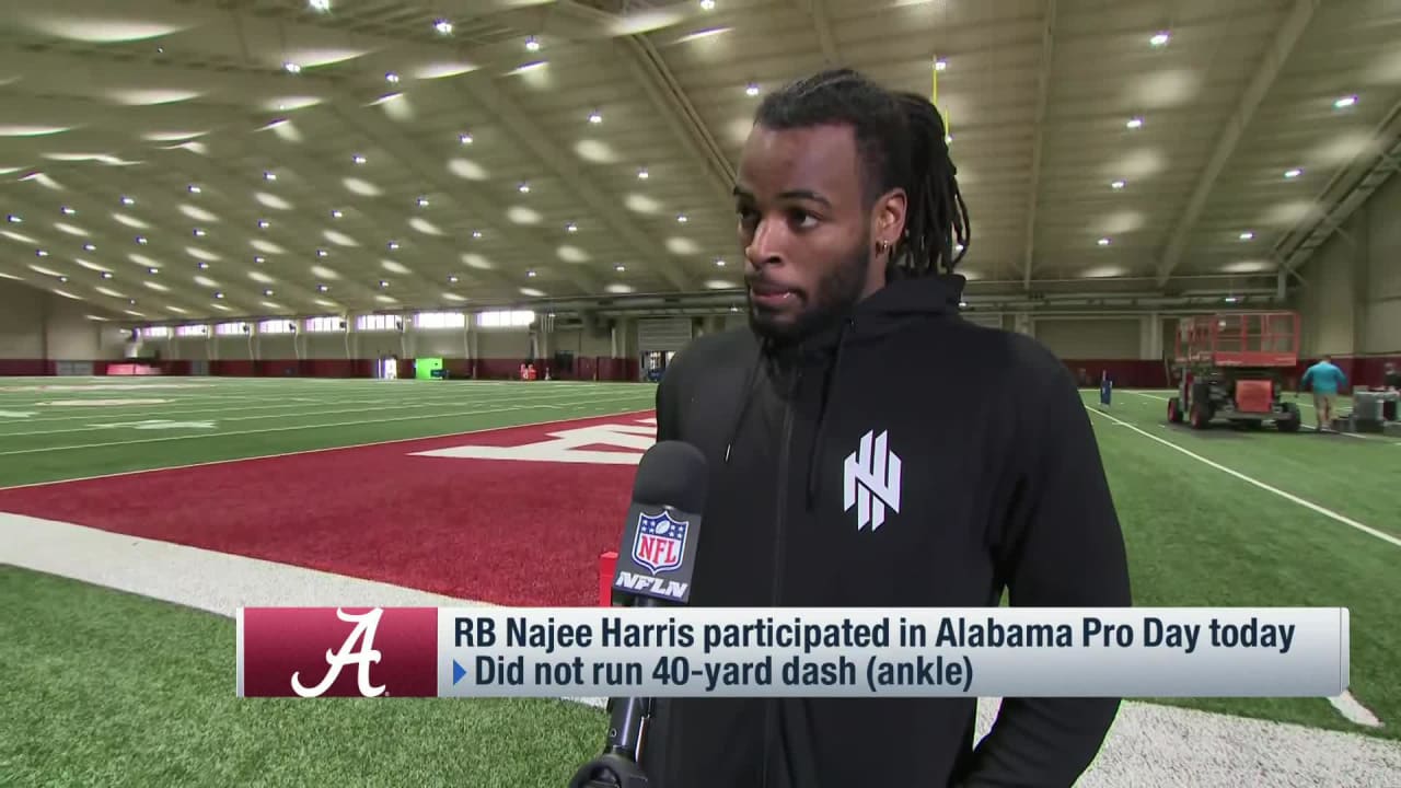 Najee Harris shows off upcoming clothing brand at Alabama's pro day