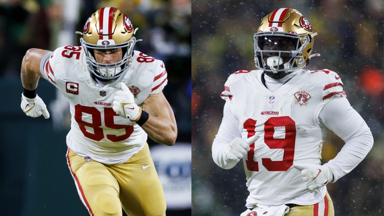 Green Bay, Wisconsin, USA. 22nd Jan, 2022. San Francisco 49ers wide  receiver Deebo Samuel (19) and tight end George Kittle (85) have a moment  during post game interviews in the NFL divisional