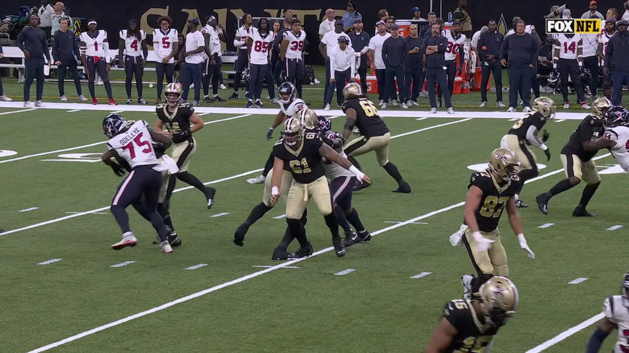 Houston Texans' Adedayo Odeleye (75) stretches during an NFL