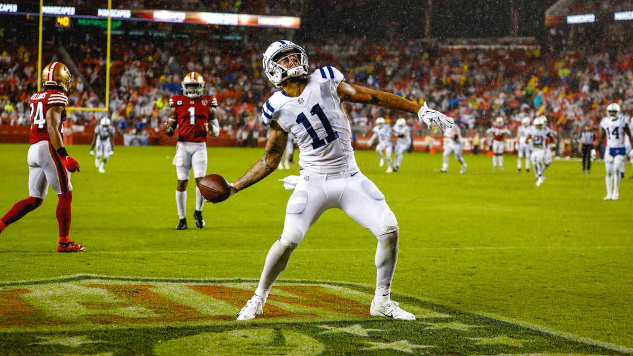 December 18, 2021: Indianapolis Colts wide receiver Michael Pittman (11)  reacts during NFL football game action between the New England Patriots and  the Indianapolis Colts at Lucas Oil Stadium in Indianapolis, Indiana.