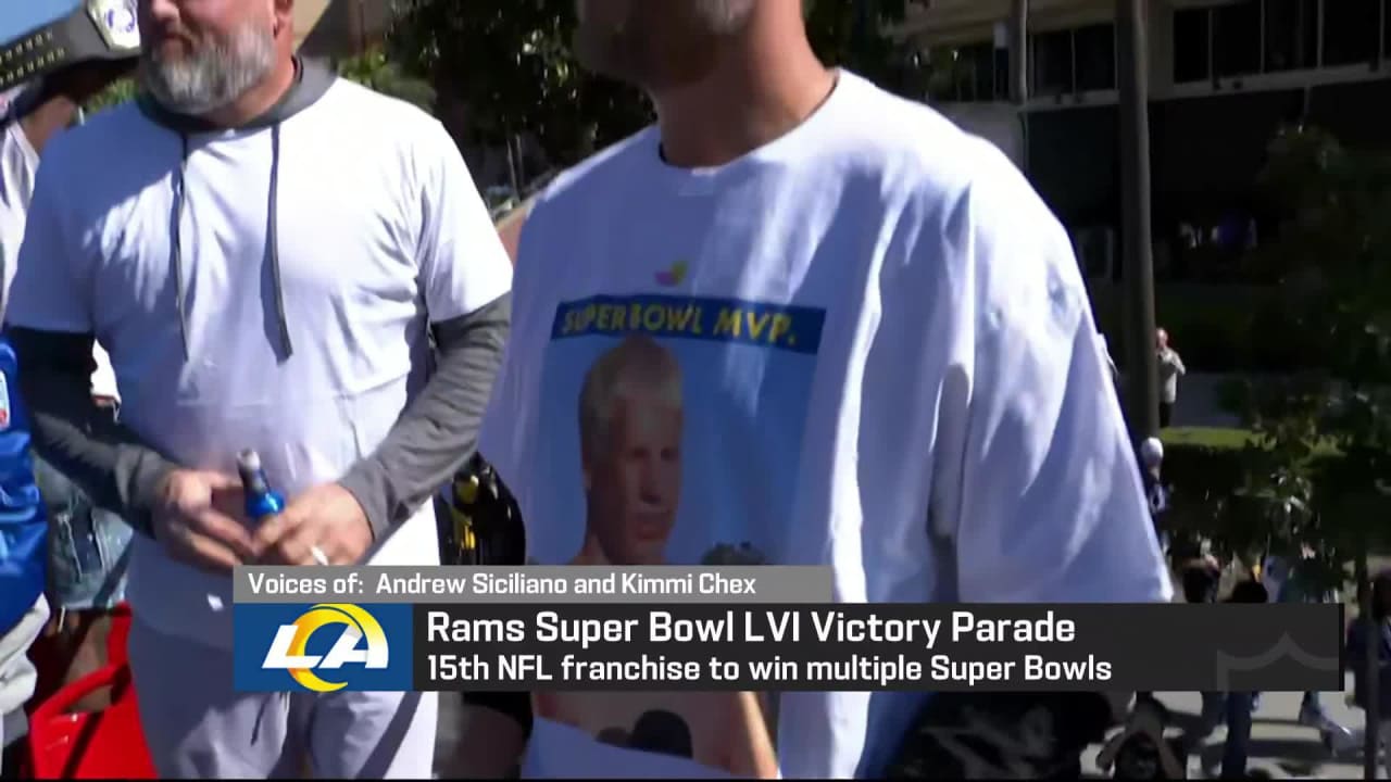 Los Angeles Rams quarterback Matthew Stafford rocking shirt with a  throwback photo of wide receiver Cooper Kupp at Rams parade