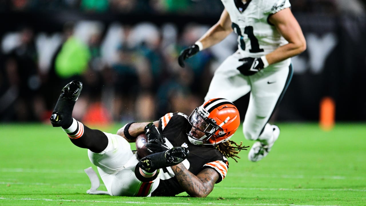 Cleveland Browns safety Ronnie Hickman Jr. (33) celebrates an interception  with teammates during the first half of an NFL preseason football game  against the Philadelphia Eagles on Thursday, Aug. 17, 2023, in