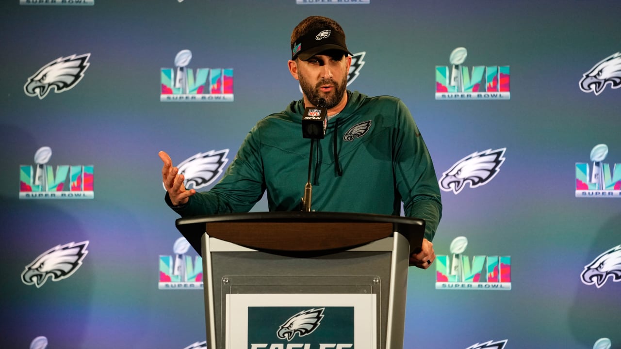 Philadelphia Eagles head coach Nick Sirianni speaks during a press  conference at the Sheraton Grand at Wild Horse Pass in Phoenix, Arizona on  Feb. 8, 2023. Super Bowl LVII will take place