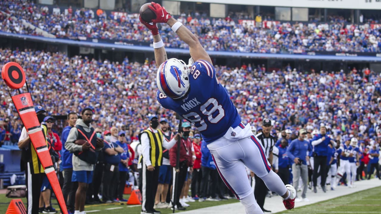 Dawson Knox of the Buffalo Bills catches a pass in front of Justin