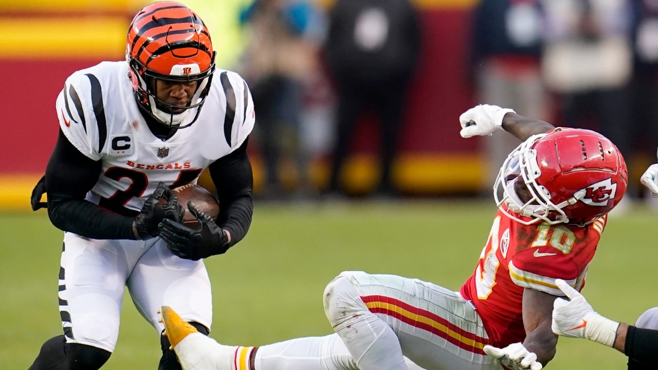 Cincinnati Bengals free safety Jessie Bates III (30) makes the interception  against Los Angeles Rams wide receiver Van Jefferson (12) during the first  half of the NFL Super Bowl 56 football game