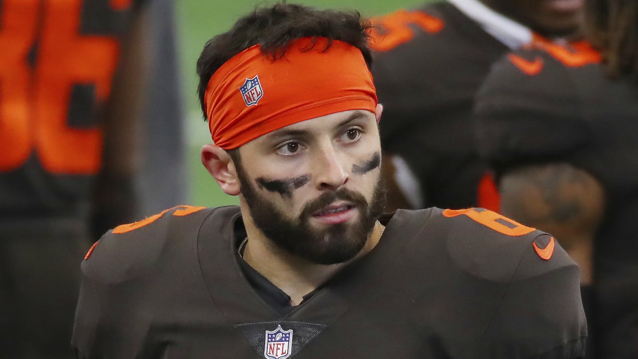 Cleveland Browns quarterback Baker Mayfield with his helmet off "pictured here"