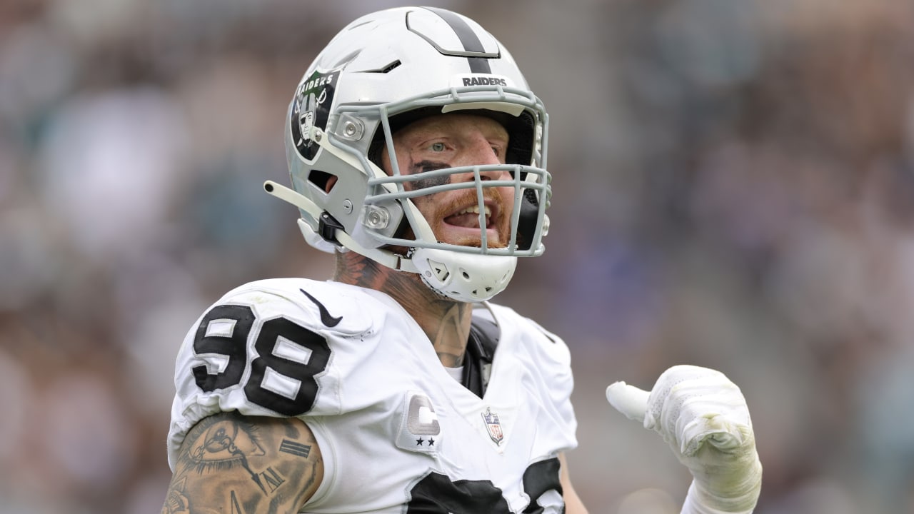 Las Vegas Raiders defensive end Maxx Crosby (98) runs a drill during a team  practice at the Rai …