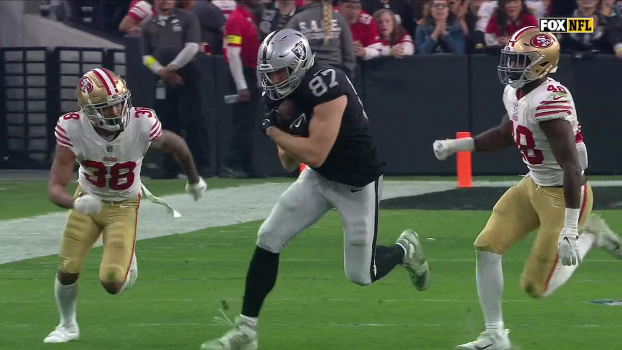 Las Vegas Raiders tight end Foster Moreau (87) warms up during pre-game  before an NFL football game against the Kansas City Chiefs Sunday, Dec. 12,  2021, in Kansas City, Mo. (AP Photo/Peter