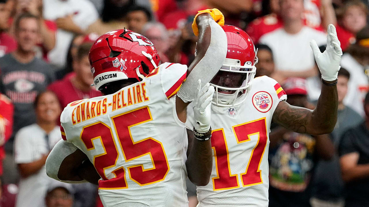 Kansas City Chiefs wide receiver Mecole Hardman jets across the formation to catch quarterback