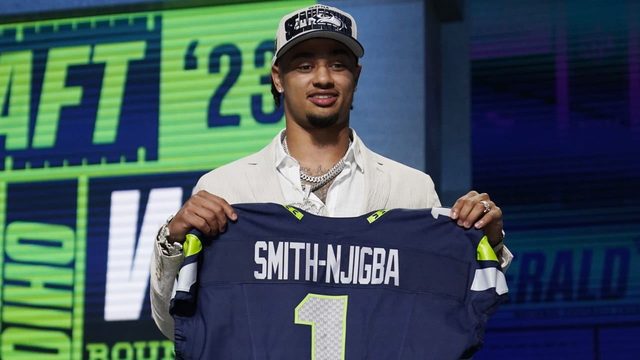Apr 27, 2023; Kansas City, MO, USA; Ohio State wide receiver Jaxon Smith-Njigba on stage after being selected by the Seattle Seahawks twentieth overall in the first round of the 2023 NFL Draft at Union Station. Mandatory Credit: Kirby Lee-USA TODAY Sports (NFL)