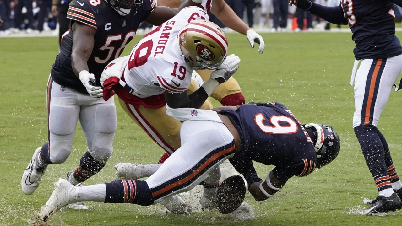 Chicago Bears cornerback Jaylon Johnson forces fumble on San Francisco  49ers wide receiver Deebo Samuel run as rookie safety Jaquan Brisker  recovers