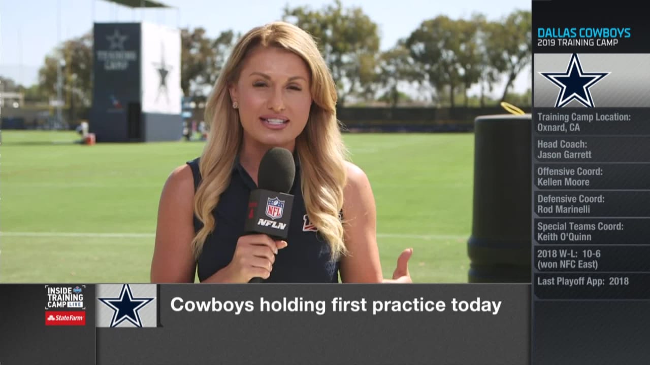 NFL Network reporter Jane Slater does a report before an NFL football game  between the Atlanta Falcons and the Dallas Cowboys, Sunday, Nov. 14, 2021,  in Arlington, Texas. (AP Photo/Matt Patterson Stock