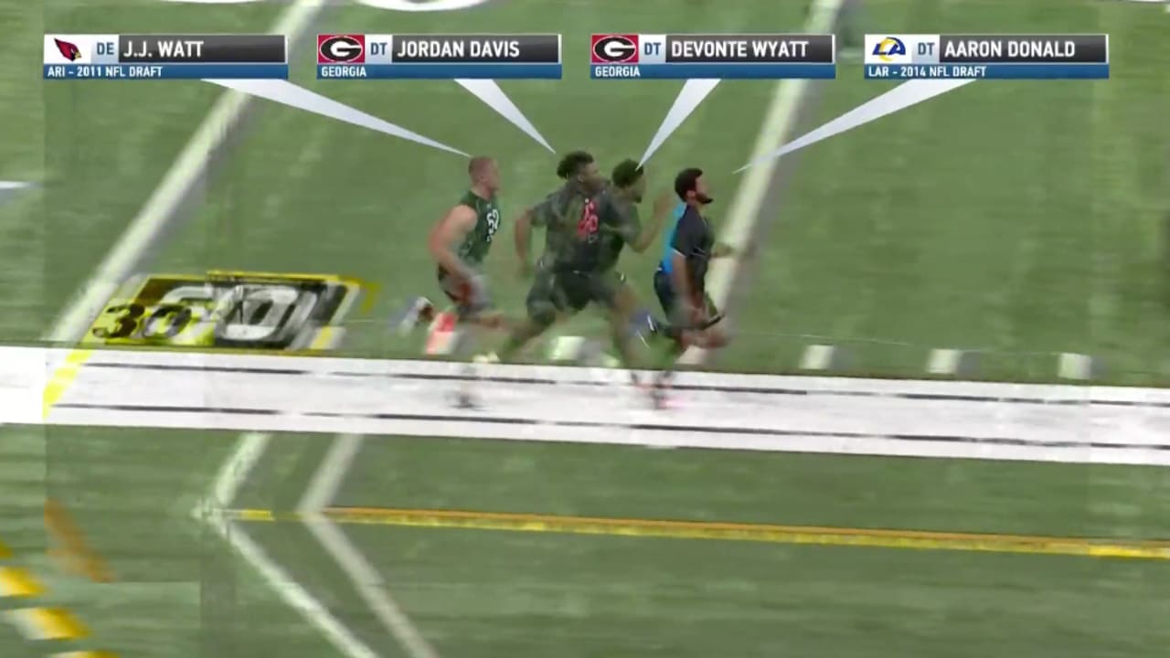 Defensive linemen Jordan Davis, Devonte Wyatt vs. defensive ends J.J. Watt,  Aaron Donald in the 40-yard dash