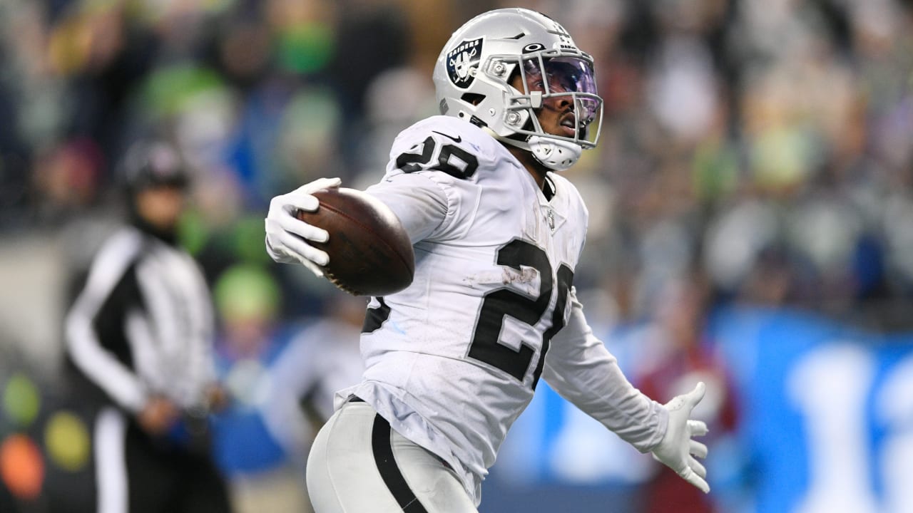 Oakland Raiders running back Josh Jacobs (28) celebrates after scoring a  touchdown during the f …