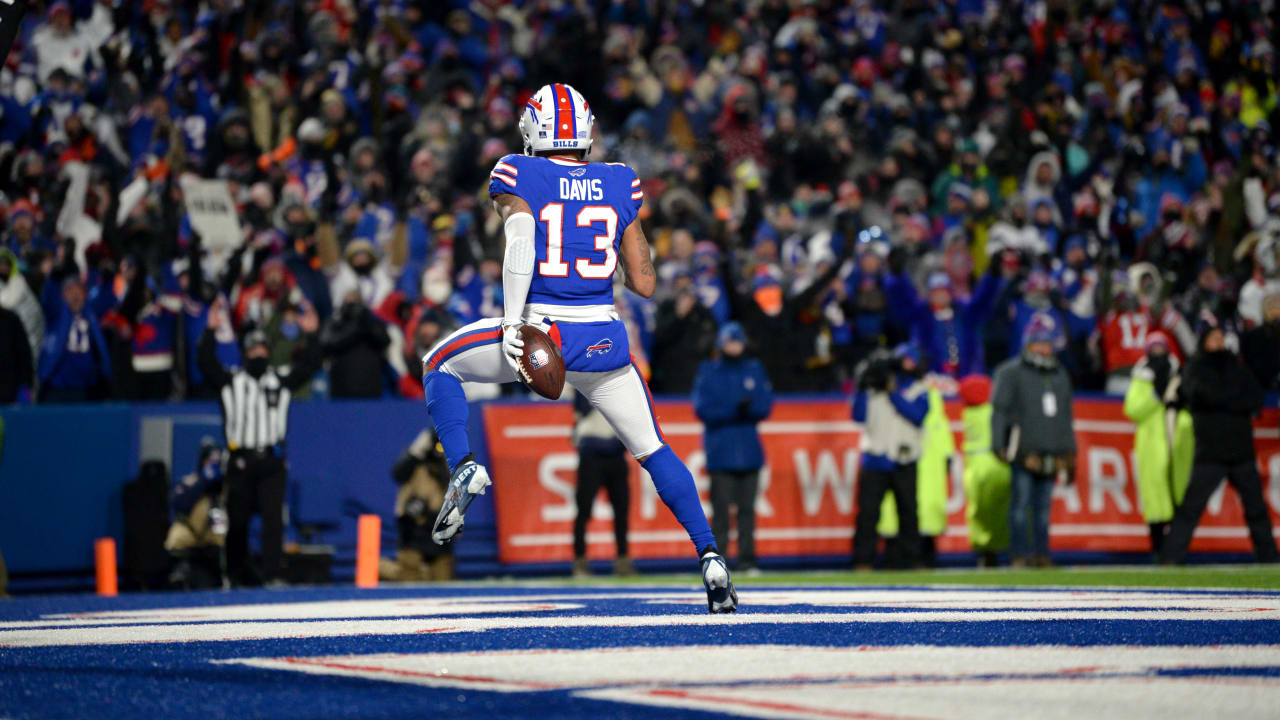 Buffalo Bills wide receiver Gabriel Davis (13) celebrates after scoring a  touchdown during the second half of an NFL wild-card playoff football game  against the New England Patriots, Saturday, Jan. 15, 2022