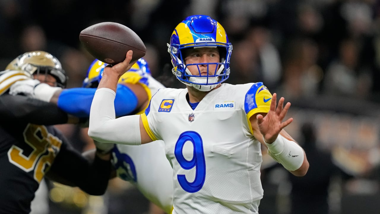 Los Angeles Rams quarterback Matthew Stafford connects with wide receiver  Tutu Atwell downfield for a 31-yard touchdown