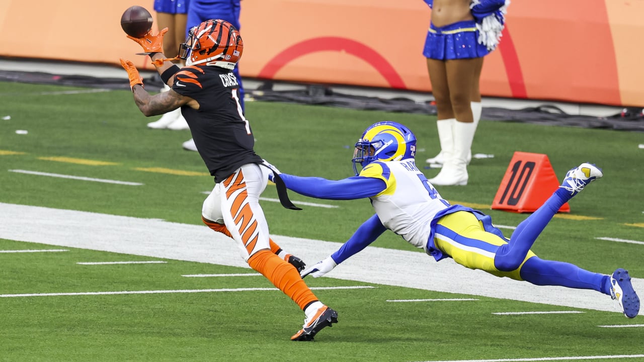 Los Angeles, United States. 13th Feb, 2022. Cincinnati Bengals wide  receiver Ja'Marr Chase (1) makes a 46-yard catch over Los Angeles Rams  cornerback Jalen Ramsey (5) during the first half of Super