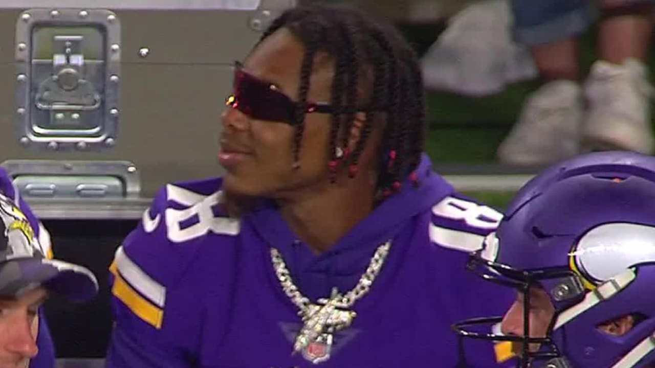 Minnesota Vikings wide receiver Justin Jefferson watches Vikings preseason  game from sideline