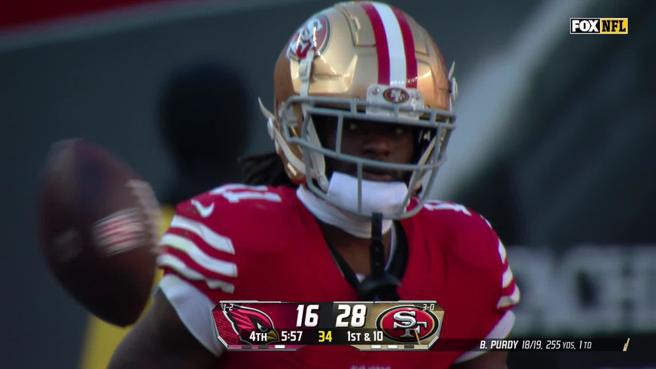 San Francisco 49ers quarterback Brock Purdy lofts 20yard backshoulder