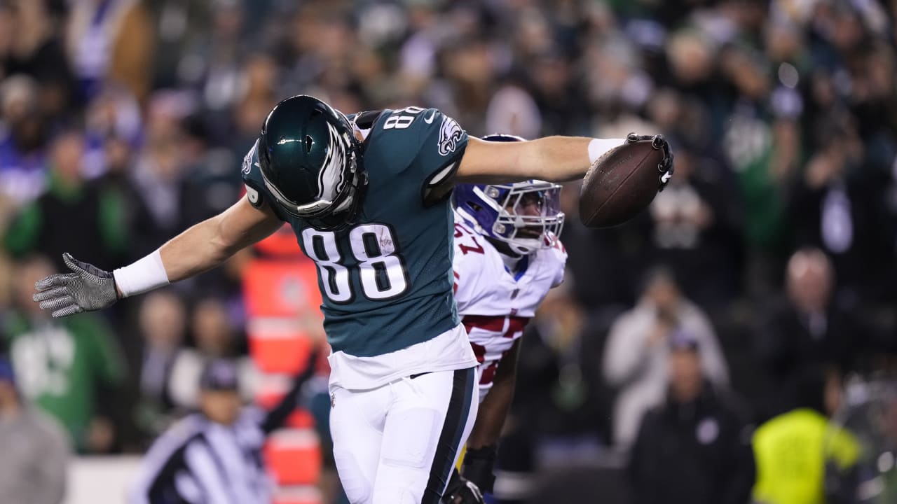 Philadelphia Eagles' Dallas Goedert, left, catches a pass in front