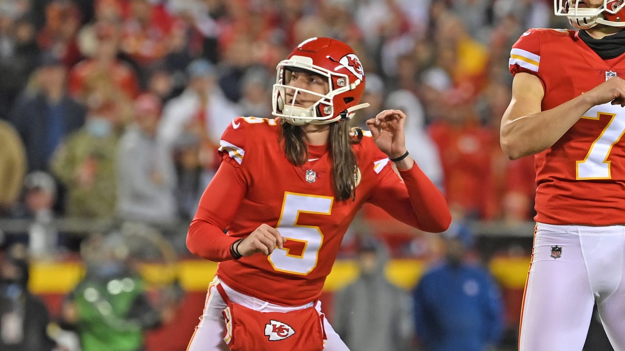 Kansas City Chiefs punter Tommy Townsend during pre-game warmups before the  NFL AFC Championship football game against the Cincinnati Bengals, Sunday,  Jan. 30, 2022 in Kansas City, Mo.. (AP Photos/Reed Hoffmann Stock