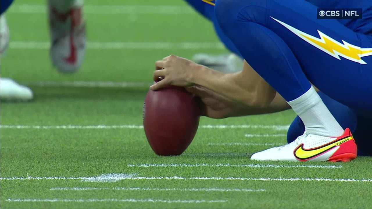 Los Angeles Chargers place kicker Cameron Dicker (11) makes a field goal as  time expires to send the game into overtime during the second half of an  NFL football game against the