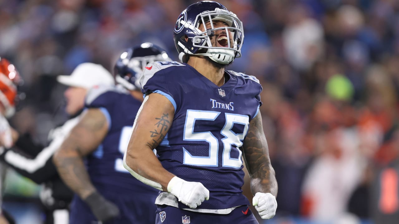 Harold Landry of the Tennessee Titans celebrates after a play