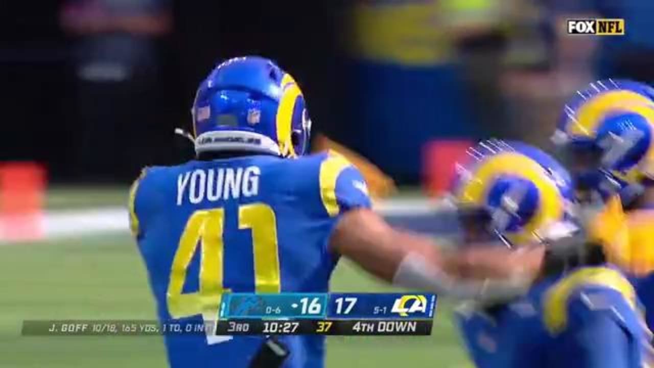 Los Angeles, United States. 24th Oct, 2021. Detroit Lions quarterback Jared  Goff (16) is tackled by Los Angeles Rams inside linebacker Kenny Young (41)  during an NFL game, Sunday, Oct. 24, 2021