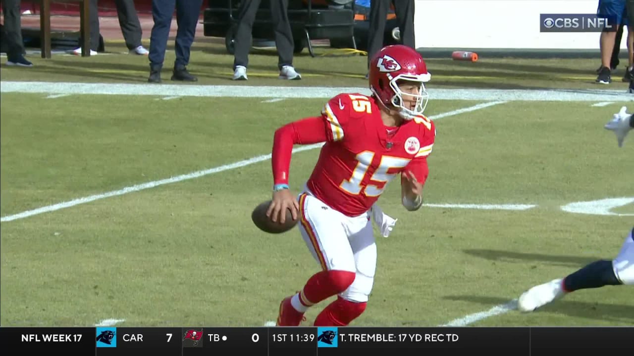 Kansas City Chiefs quarterback Patrick Mahomes catches his own pass for