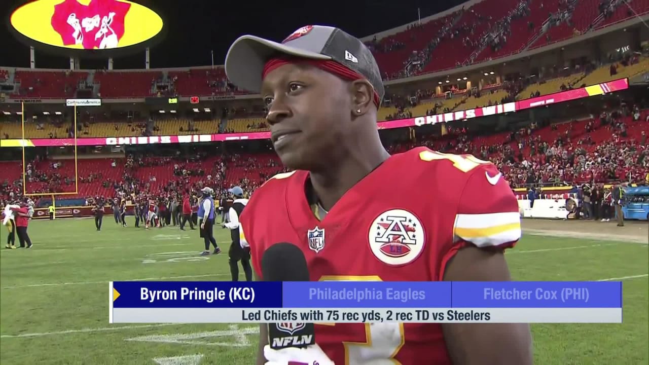 Kansas City Chiefs wide receiver Byron Pringle reacts to leading team