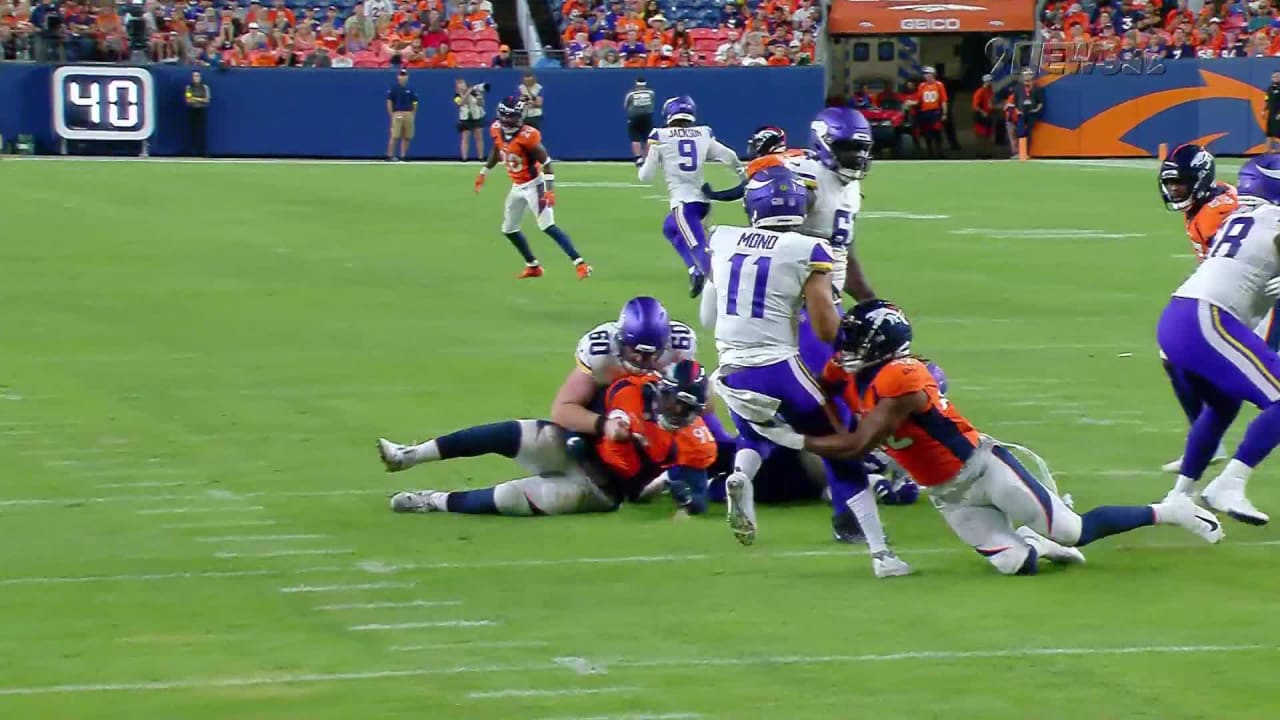 Denver Broncos linebacker Nik Bonitto gets second sack of Minnesota Vikings  quarterback Kellen Mond in as many snaps