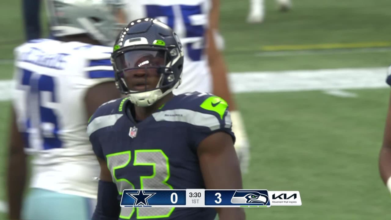 Seattle Seahawks linebacker Boye Mafe (53) gets set during an NFL football  game against the Las