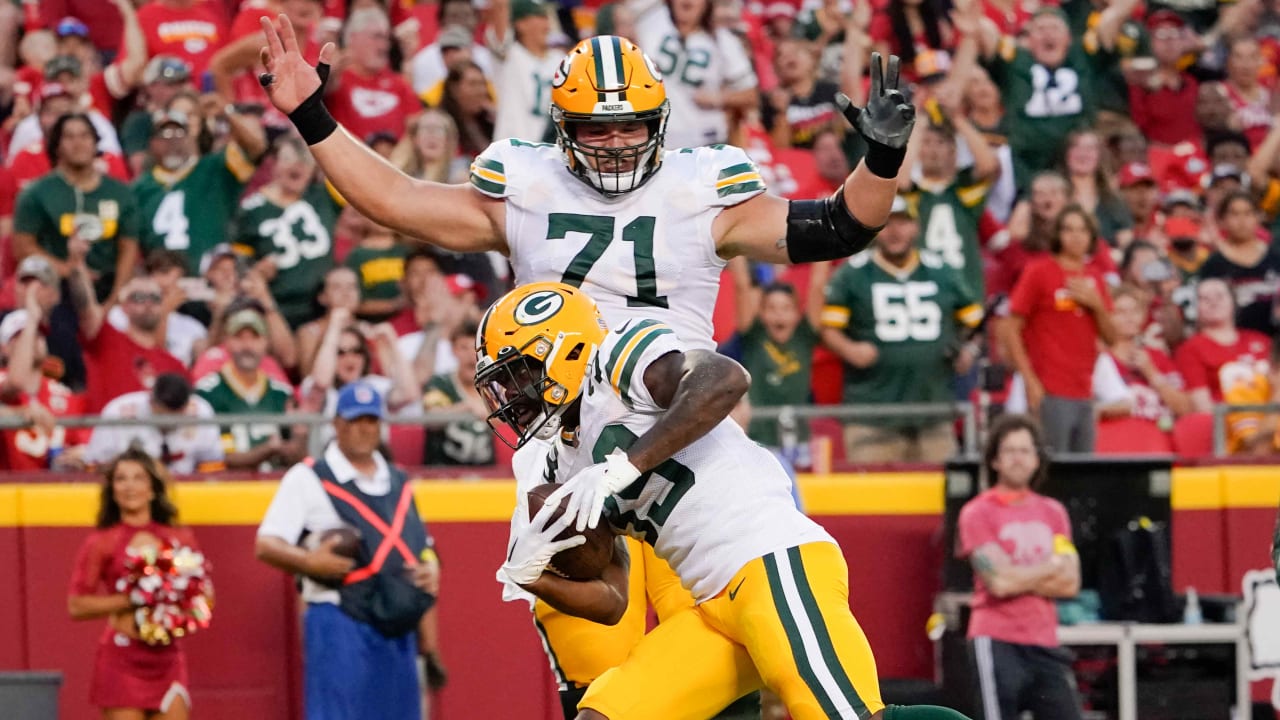 Green Bay Packers' Tyler Goodson runs during the first half of a preseason  NFL football game against the New Orleans Saints Friday, Aug. 19, 2022, in  Green Bay, Wis. (AP Photo/Morry Gash