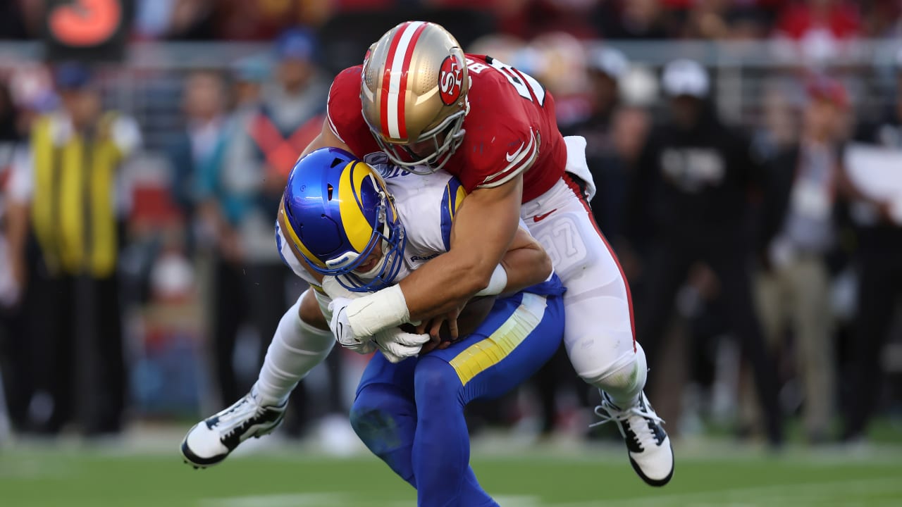 San Francisco 49ers defensive lineman Nick Bosa swings Los Angeles Rams