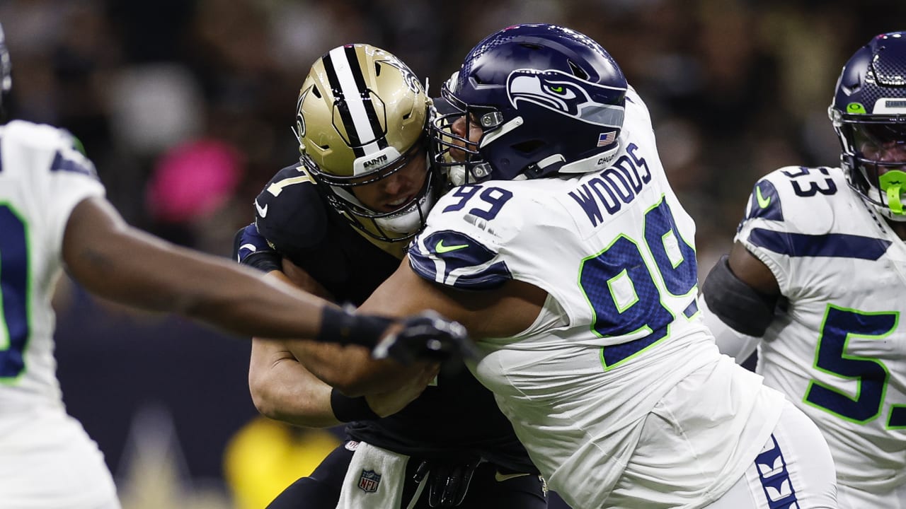 Seattle Seahawks defensive tackle Al Woods (99) reacts after a play during  an NFL football game against the Seattle Seahawks, Sunday, Sept. 18, 2022,  in Santa Clara, Calif. (AP Photo/Scot Tucker Stock