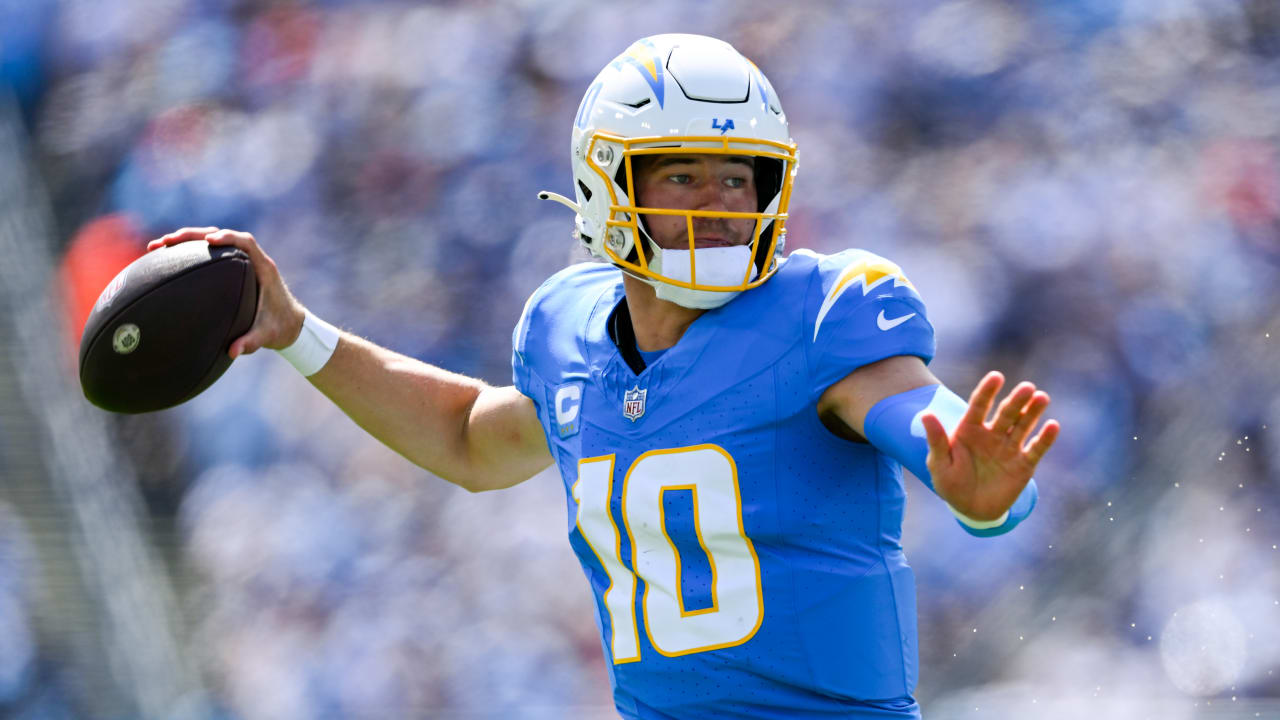 Los Angeles Chargers quarterback Justin Herbert throws a pass during an NFL  football game again …