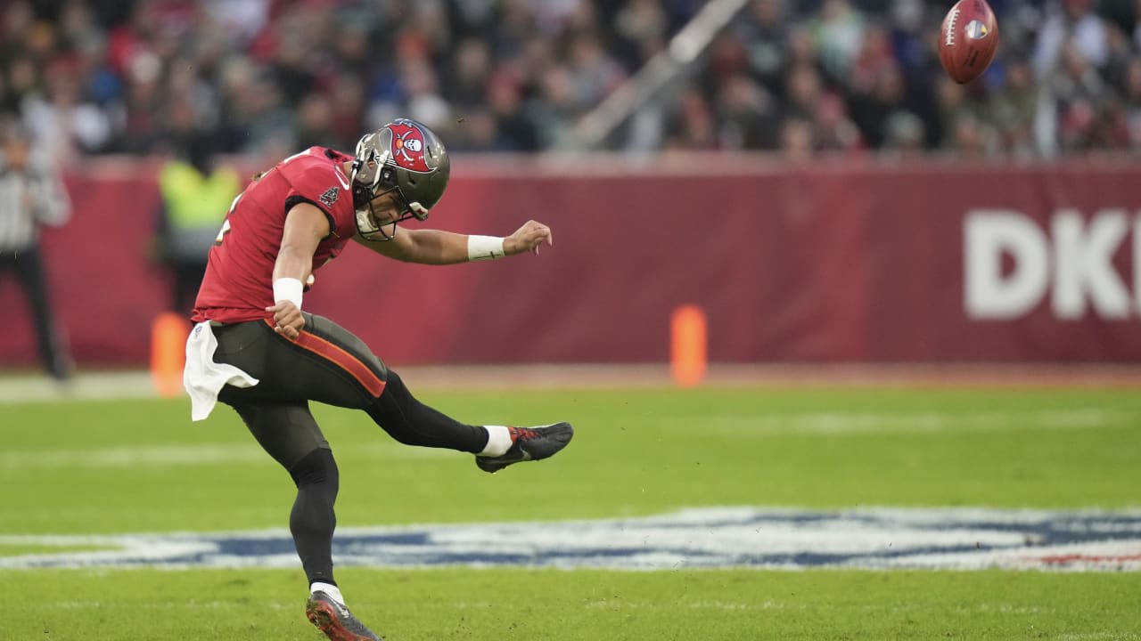 Tampa Bay Buccaneers rookie punter Jake Camarda unloads a booming