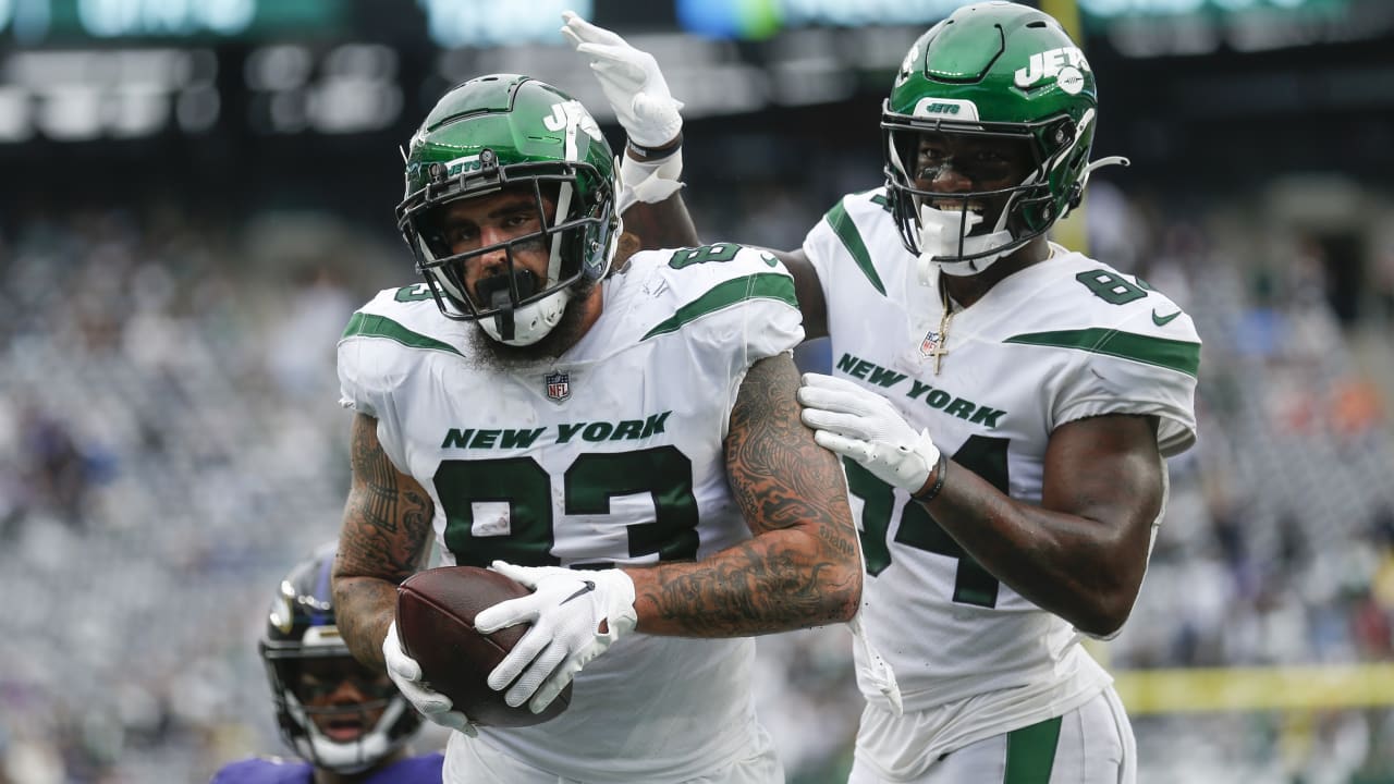 New York Jets tight end Tyler Conklin (83) speaks to members of the media  after practice at the NFL football team's training facility, Friday, July  21, 2023, in Florham Park, N.J. (AP