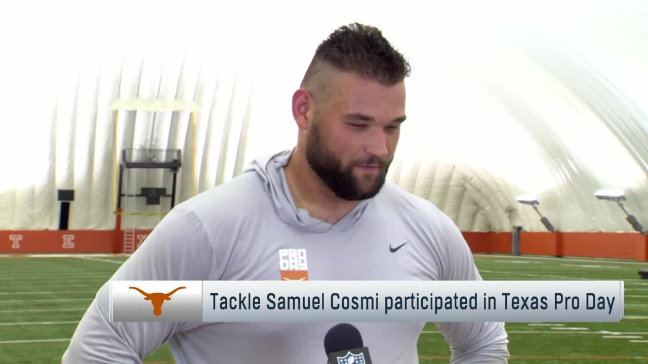 OL Sam Cosmi speaks to the media after the first padded practice