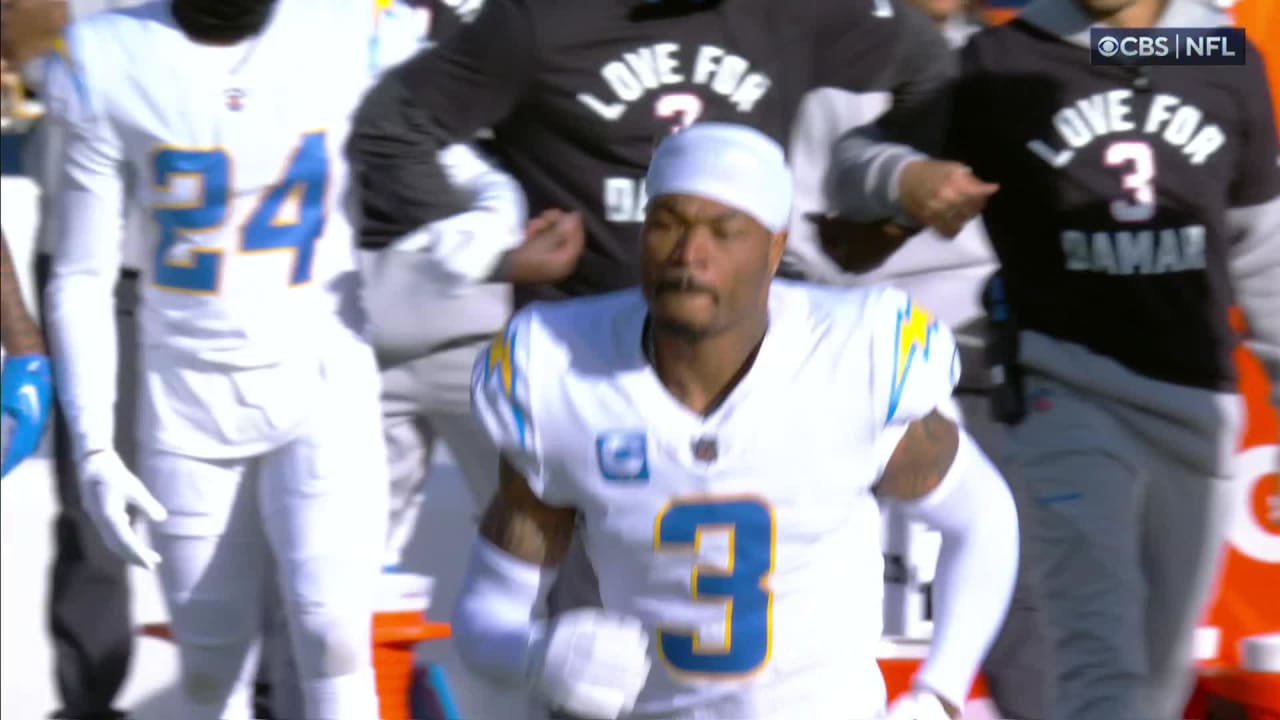 Derwin James Jr. #3 of the Los Angeles Chargers forces a fumble