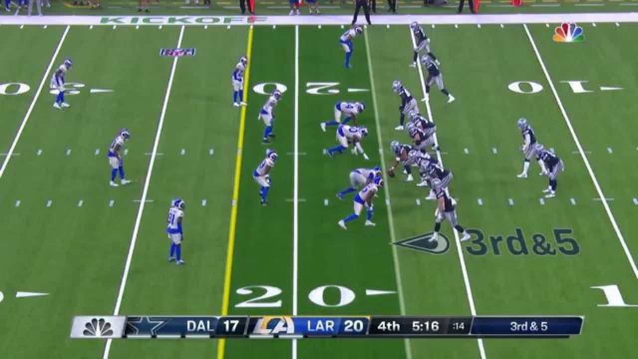 Los Angeles Rams cornerback Jalen Ramsey shows pass defense on third-and 5