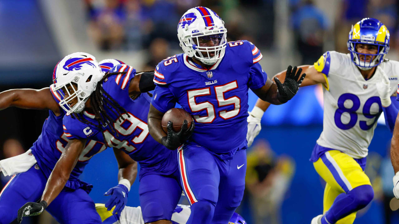 Buffalo Bills defensive end Boogie Basham (55) stands on the sideline  during an NFL preseason football game against the Carolina Panthers,  Saturday, Aug. 26, 2022, in Charlotte, N.C. (AP Photo/Brian Westerholt Stock