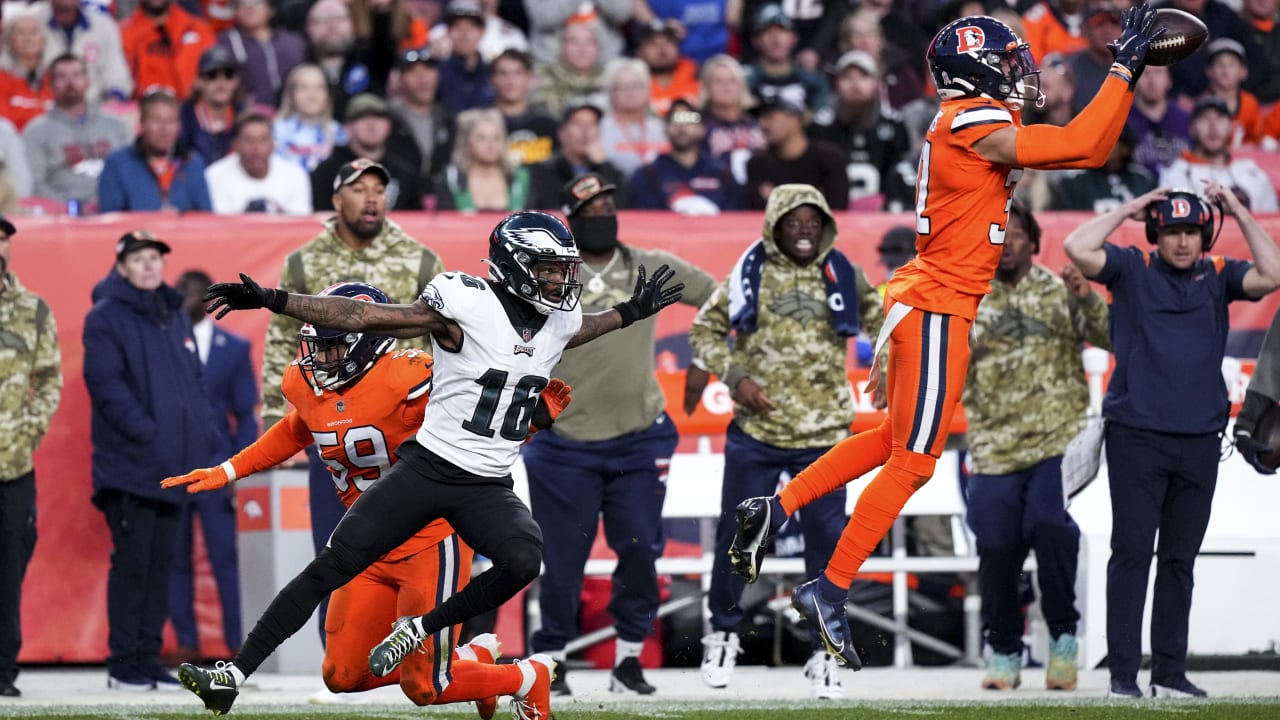 Denver Broncos safety Justin Simmons picks off Philadelphia Eagles quarterback Jalen Hurts' sideline heave